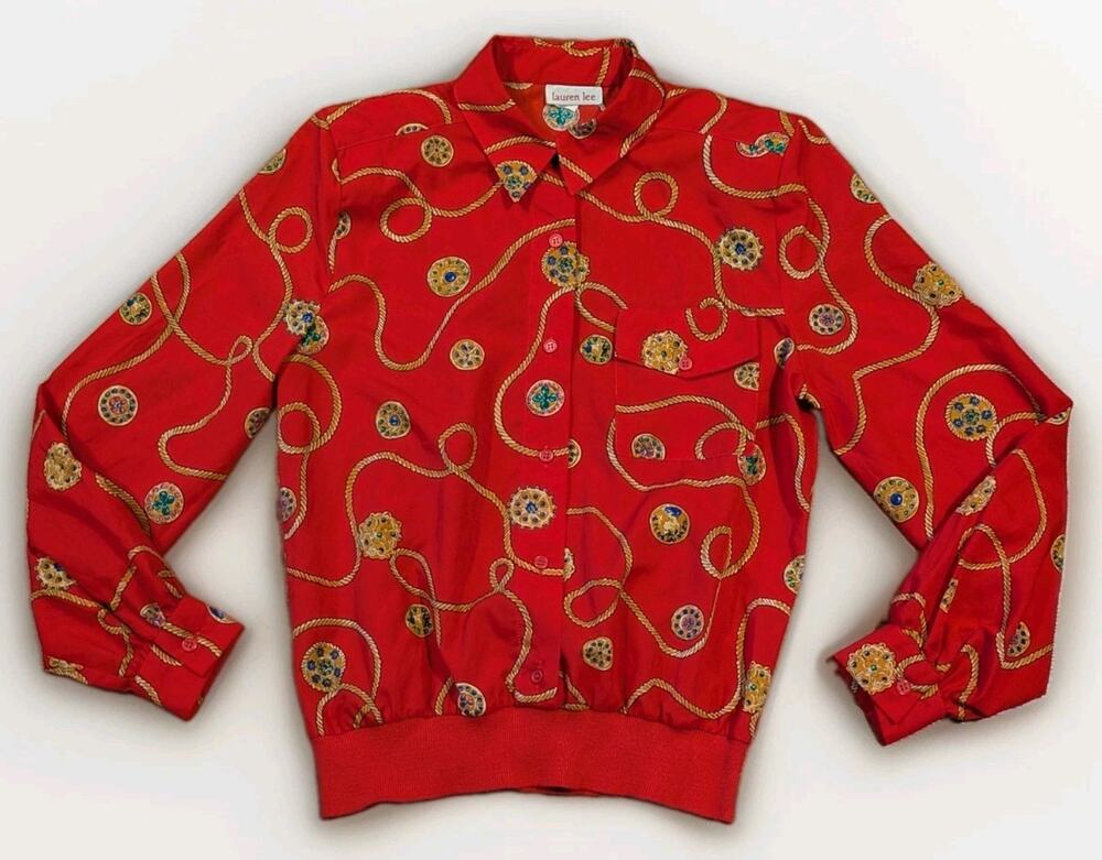 Vintage Lauren Lee Womens 8 Red Baroque Chain Scarf Print Blouse Yugoslavia 80s